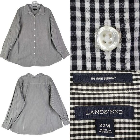 Lands' End Tops - Lands End Button Down Shirt Plaid LS Black Gingham Plaid Women’s Size 22W